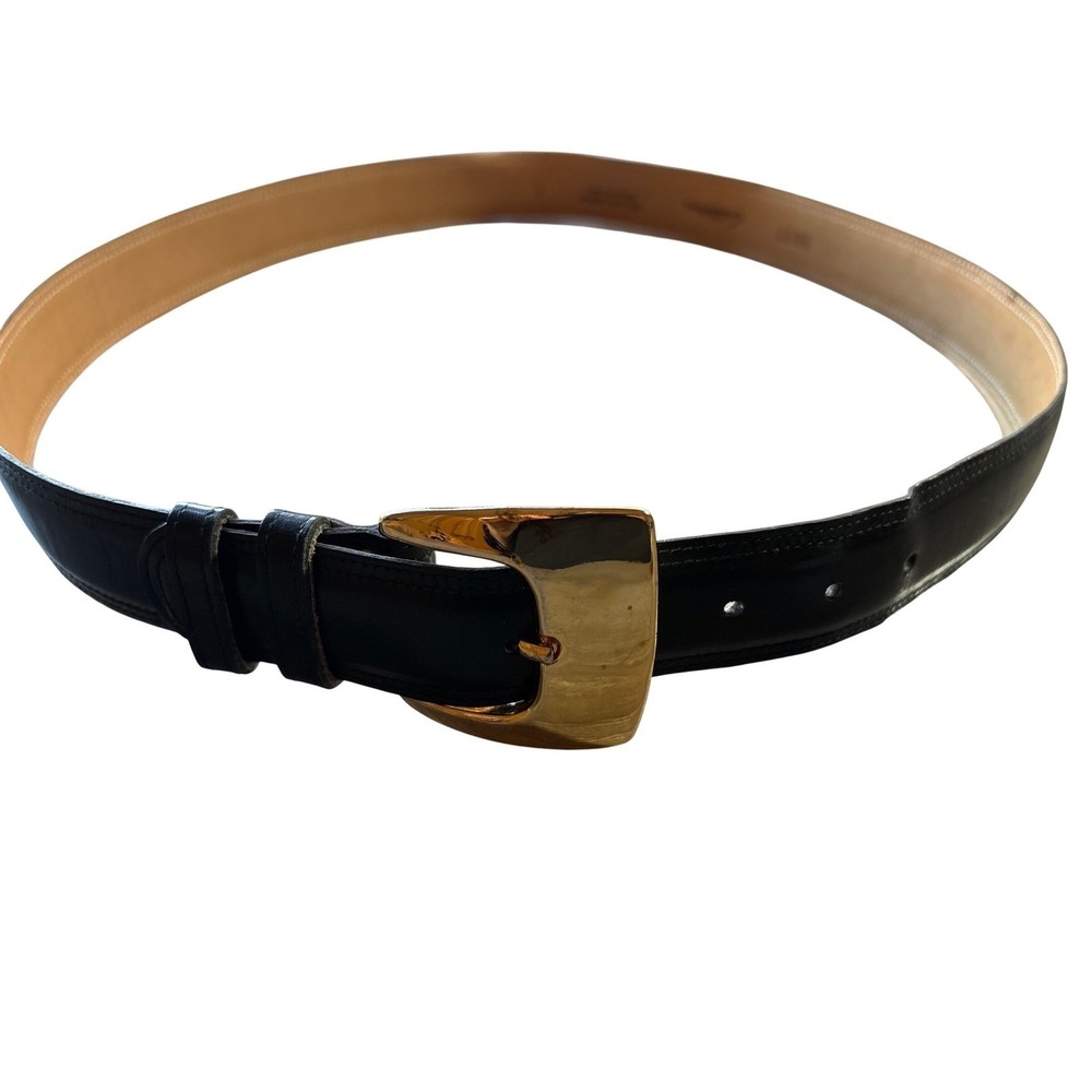 Calderon Black Leather Belt Gold Tone Buckle Made in USA Womens L Designer